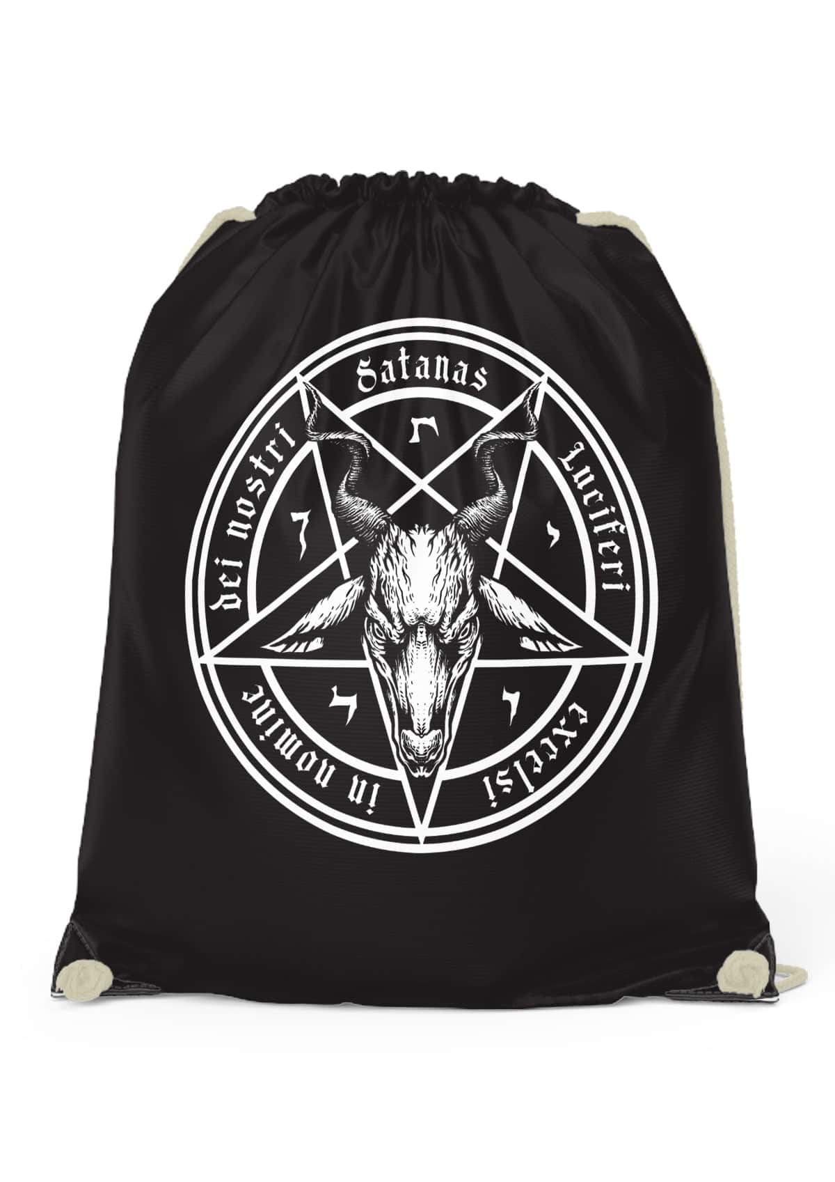 SATANAS Gym Bag: schwarze Tasche mit weißem Pentagramm, Ziegenkopf und Gothic-Design